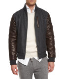 Mixed-Media Wool Bomber Jacket, Dark Gray