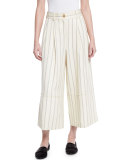 Striped Twill Wide-Leg Cropped Pants, Bone/Marine