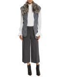 Evannah Braided Sweater w/ Fox Fur Collar, Gray Melange