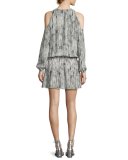 Lauren Snakeskin Cold-Shoulder Blouson Dress, Gunmetal