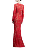 Long-Sleeve Lace Gown, Red 