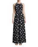 sleeveless daisy dot tie-back maxi dress, black