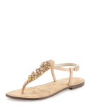 Gene Crystal Leather Flat Thong Sandal, Natural Naked