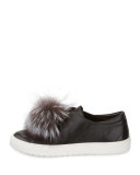 Marli Fox-Pompom Leather Sneaker, Black