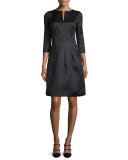 3/4-Sleeve Metallic A-Line Dress, Black