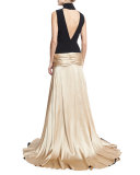 Thea Turtleneck Tie-Waist High-Low Gown, Black/Nude