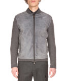 Zip-Up Suede-Front Wool Cardigan, Fossil