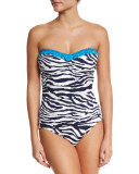 Zebra-Print One-Piece Bandeau Swimsuit, Mare/White