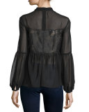 Sundream Long-Sleeve Lace-Inset Blouse, Black