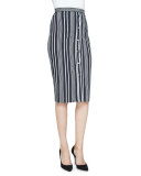 Balthazar Button-Front Classic Pencil Skirt, Black/White Stripe