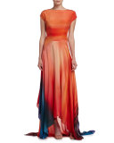 Miriam Short-Sleeve Ombre-Print Handkerchief Gown 