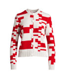 Cashmere Pixel-Print Short Cardigan, White/Red