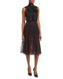Sleeveless Tie-Neck Dress, Black/Ruby Lace