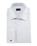 Dotted Stripe Woven French-Cuff Dress Shirt, White/Navy