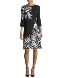 Leaf Matelassé 3/4-Sleeve A-Line Dress, Black/Multi