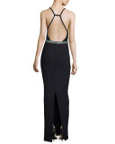 Sleeveless Beaded Open-Back Column Gown 