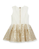 Sleeveless Embroidered Mesh Tulle Dress, White, Size 4-10