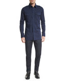Military-Style Washed Twill Sport Shirt, Navy