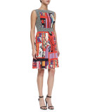 Mixed-Print Accordion-Pleated Dress