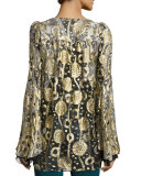 Glitter Chiffon Bell-Sleeve Blouse, Gold