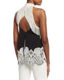 Two-Tone Beaded Halter Top, Black/White