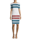 Jacquard Jewel-Neck Short-Sleeve Dress, Alabaster/Multi