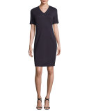 Short-Sleeve V-Neck Ponte Sheath Dress, Navy