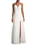 Sleeveless Ruched Strappy Chiffon Gown, White