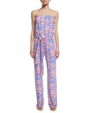 Tia Strapless Printed Jumpsuit, Iris Blue 