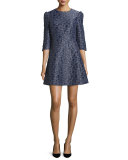 3/4-Sleeve Textured Mini Dress, Navy