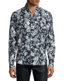 Floral-Print Linen Sport Shirt, Navy/White