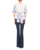Delft-Print Tie-Front Tee, Ivory/Blue