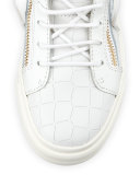 Crocodile-Embossed High-Top Sneaker, Bianco