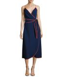 Grotto Contrast-Trim Wrap Slip Dress, Navy