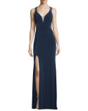 Sleeveless V-Neck Lace Illusion Gown, Navy