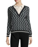 Rod Zigzag Long-Sleeve Sweater w/ Collar, Black