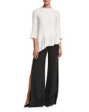 Silk Bell-Sleeve Ruffle Top, Stone White