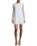 Bell-Sleeve Swiss Dot Cocktail Dress, Creme
