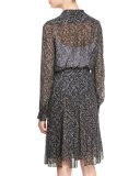 Tweed-Print Georgette Blouse, Gray