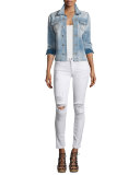 Halle Mid-Rise Super Skinny Ankle Jeans, True Destroyed White