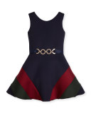 Sleeveless Belted Colorblock Ponte Dress, Navy, Size 4-6