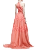 Halter-Neck Floral-Corded Gown, Pink/Multi