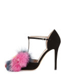 Mink & Fox Fur 110mm T-Strap Pump, Black/Multi