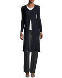 Long-Sleeve Button-Front Plisse Duster, Navy