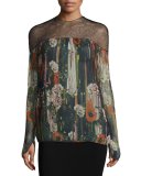 Floral Lace-Yoke Chiffon Blouse, Black/Multi