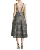 Sleeveless Chevron Brocade Midi Dress, Multicolor
