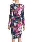 Long-Sleeve Floral Jersey Sheath Dress, Navy