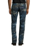 Coated Paint-Splatter Denim Jeans, Blue Pattern