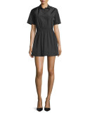 Short-Sleeve Button-Front Mini Shirtdress, Nero