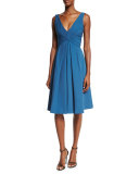 Sleeveless Pleated-Waist Cocktail Dress, Blue Steel